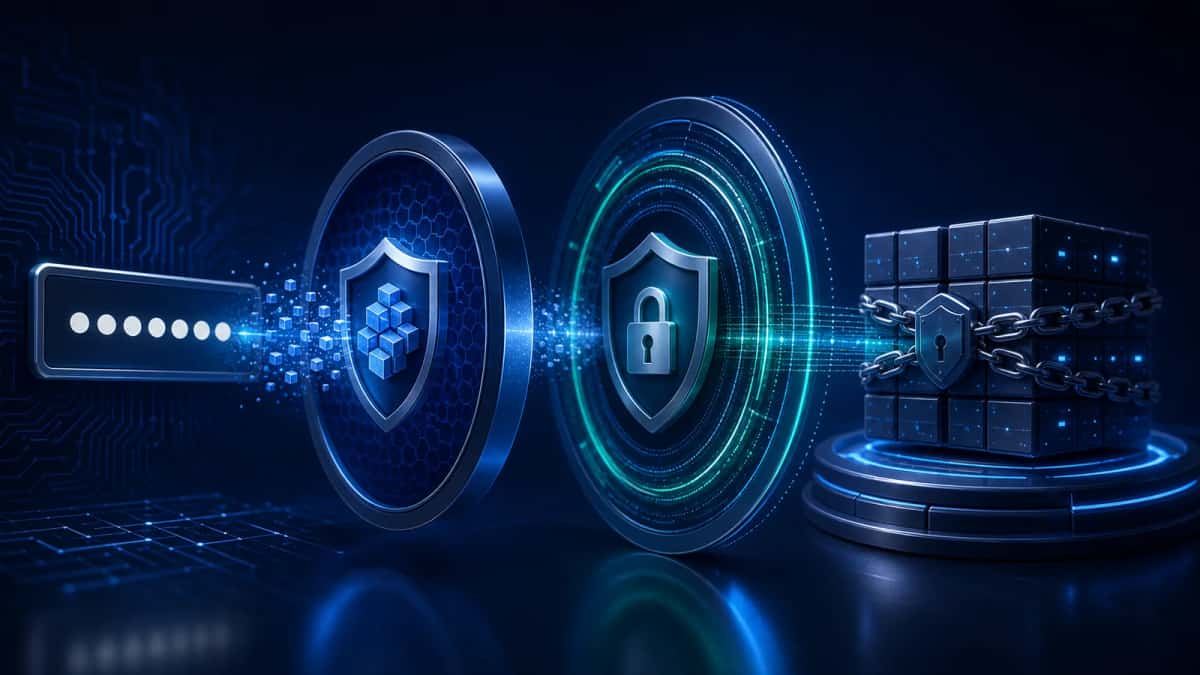 Password credentials passing through layered cryptographic protection into secured data storage