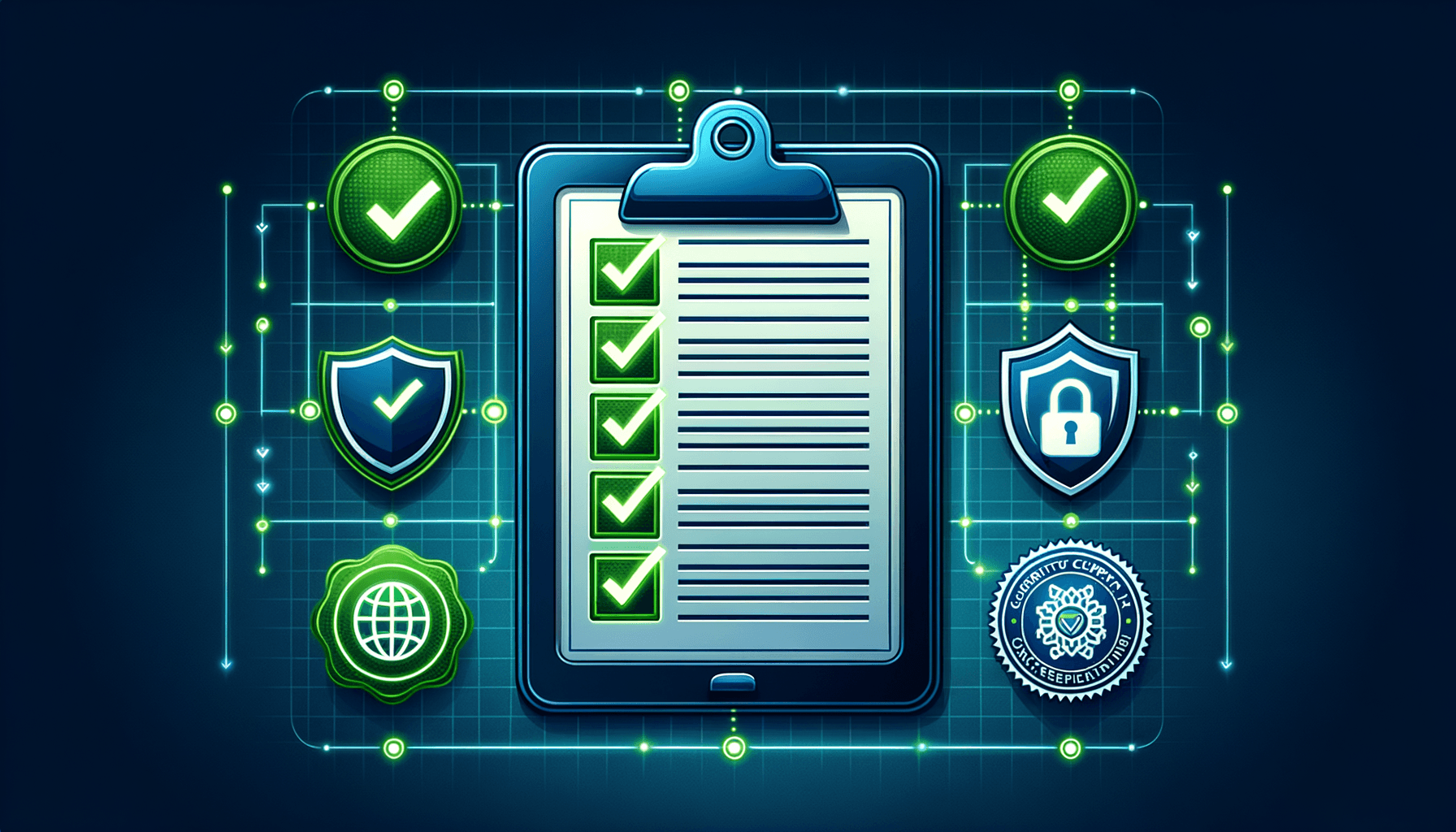Cybersecurity compliance checklist with green checkmarks and certification badge