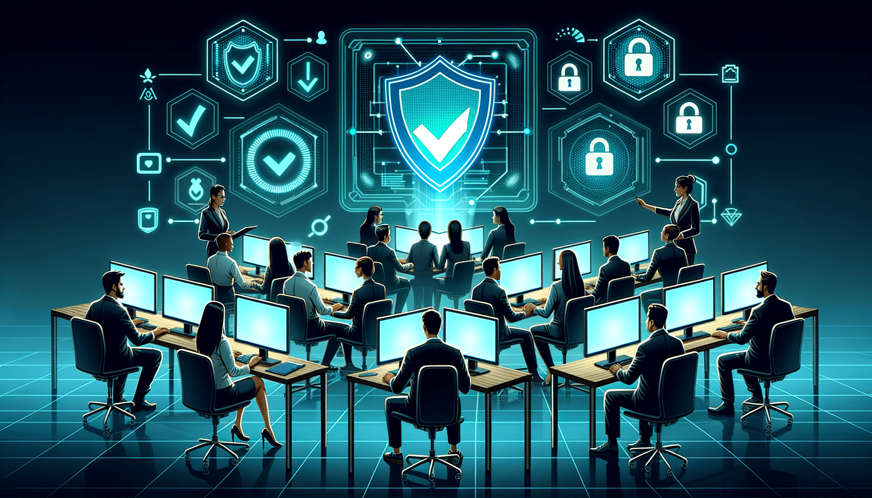 Employees at security awareness training with holographic shields � cybersecurity education