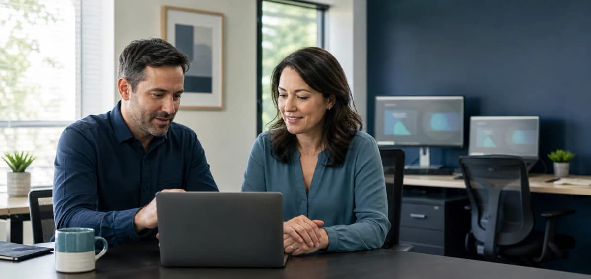 A cybersecurity specialist and small-business owner reviewing computer protection together