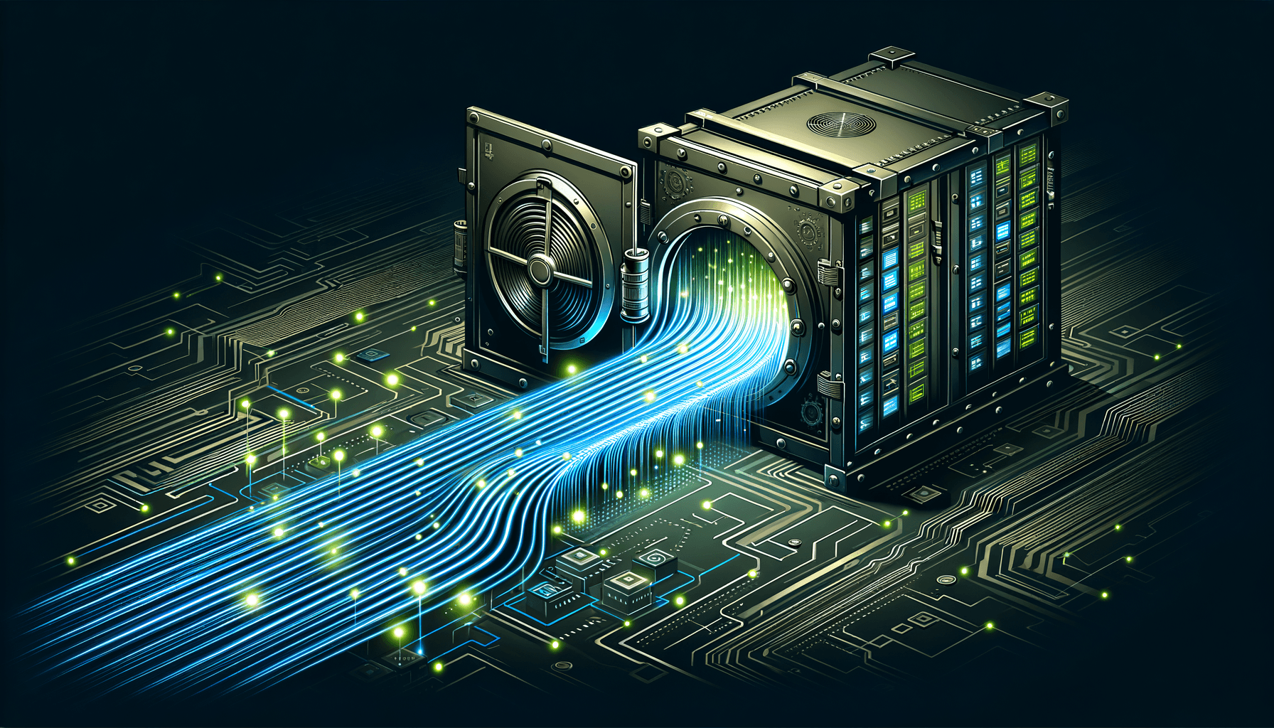 Digital files backed up to secure vault with glowing streams � data backup