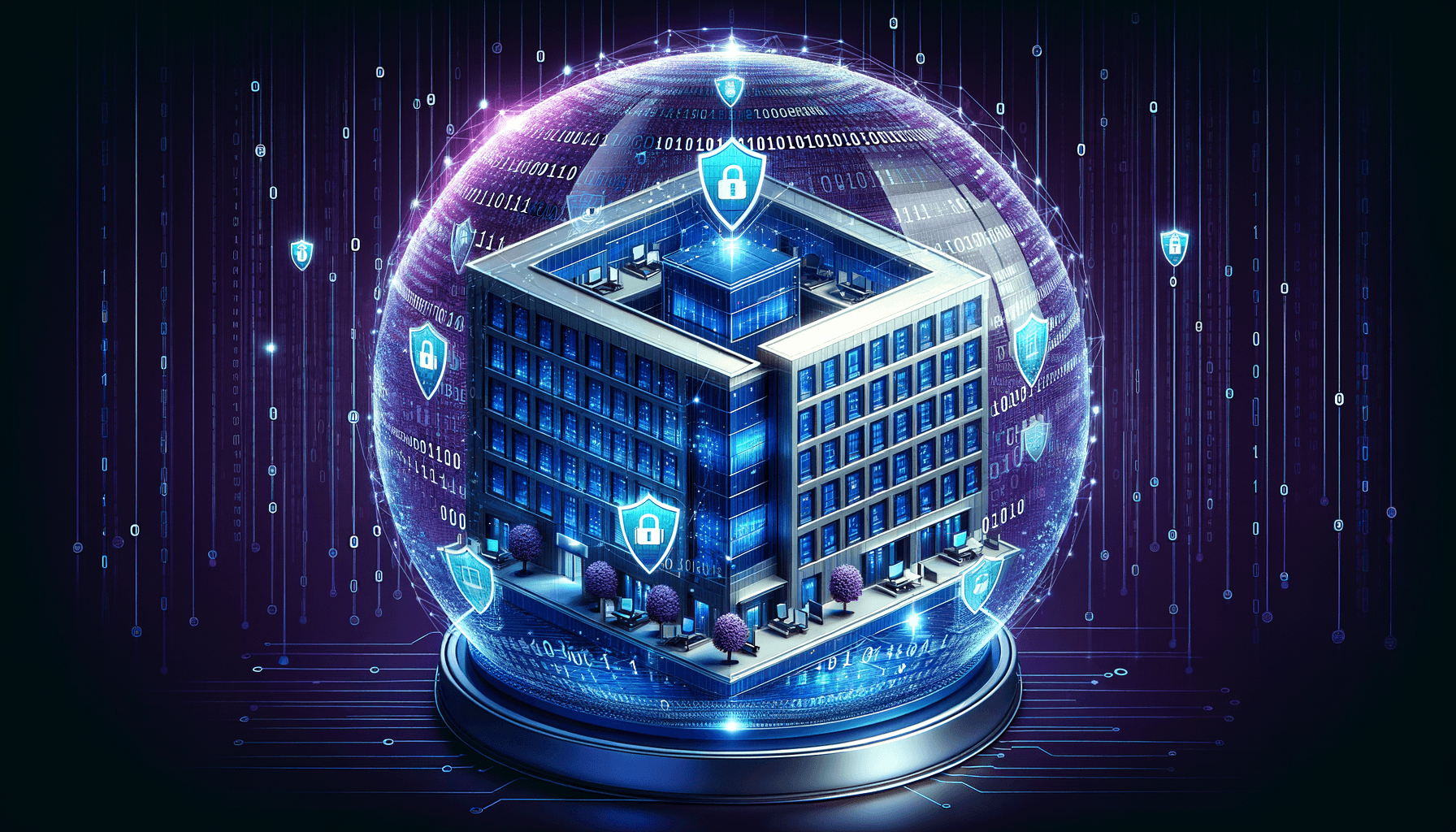 Small business office surrounded by glowing digital protection dome � cybersecurity