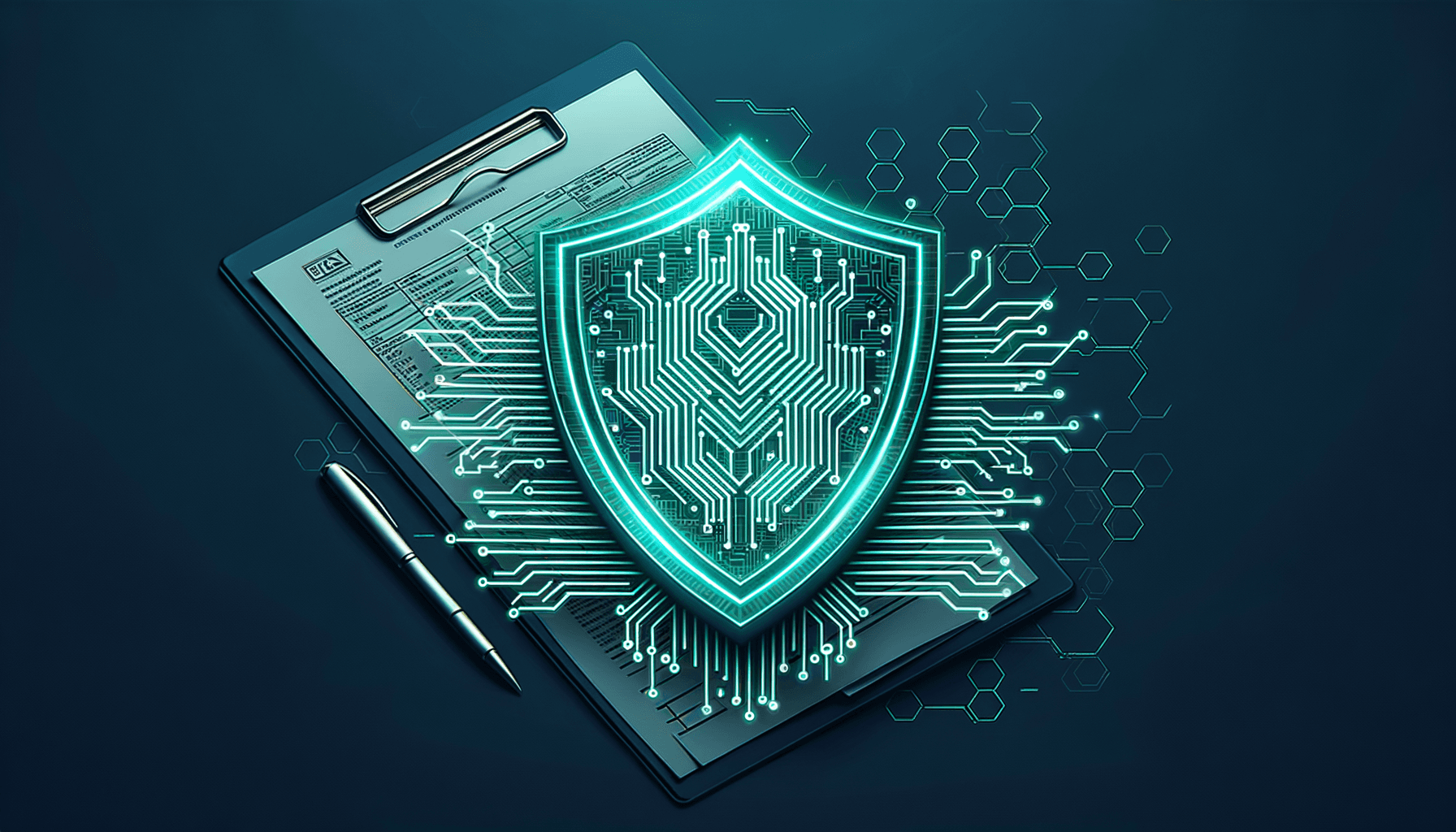 Digital shield protecting tax documents with teal circuit board patterns � WISP compliance cybersecurity